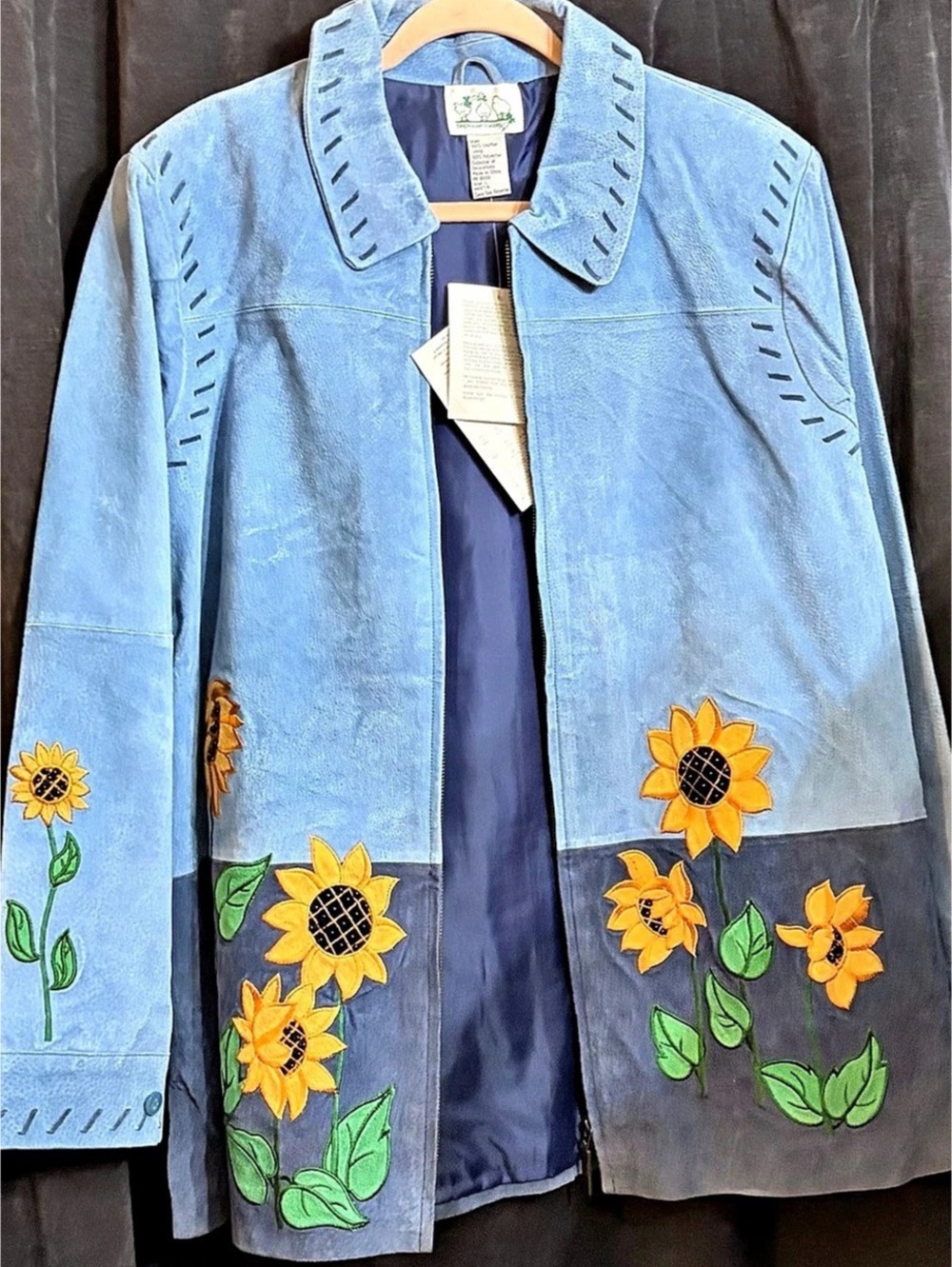 Quacker Factory Sunflower Suede Leather Jacket Blue & Yellow